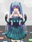  blue_flower blue_hair blue_rose bow bracelet catwhathk choker dress elbow_gloves flower gloves hair_flower hair_ornament hatsune_miku jewelry long_hair necklace ring rose solo thighhighs twintails very_long_hair vocaloid 