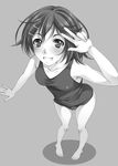 bad_id bad_pixiv_id barefoot blush collarbone face foreshortening greyscale grin hair_ornament hairclip hands highres hirasawa_yui k-on! monochrome mukunokino_isshiki one-piece_swimsuit school_swimsuit smile solo swimsuit v 