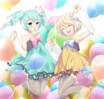  aqua_eyes aqua_hair bad_id bad_pixiv_id balloon blonde_hair bow cheerful_candy_(module) colorful_drop_(module) colorful_x_melody_(vocaloid) detached_sleeves dress hatsune_miku kagamine_rin multiple_girls plastick project_diva_(series) project_diva_2nd short_hair smile strapless strapless_dress thighhighs twintails vocaloid 