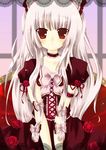  alternate_costume bad_id bad_pixiv_id blush bow choker corset dress flower frilled_dress frills fujiwara_no_mokou gothic_lolita hair_bow hair_ribbon highres lolita_fashion long_hair muku_(apupop) red_eyes ribbon rose silver_hair solo touhou v_arms white_hair 