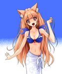  animal_ears bikini breasts brown_eyes brown_hair cat_ears cleavage front-tie_top long_hair medium_breasts navel oekaki original print_sarong sarong solo swimsuit white_sarong yuuki_(silent_moon) 