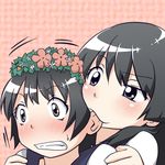  :3 biting black_eyes black_hair blush clenched_teeth ear_biting flower hair_flower hair_ornament head_wreath long_hair moja_(gibson) multiple_girls saten_ruiko short_hair sweat teeth to_aru_kagaku_no_railgun to_aru_majutsu_no_index uiharu_kazari 