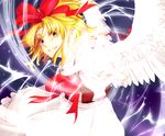  angel_wings blonde_hair bow foreshortening gengetsu grin hair_bow hands magic red_bow ribbon serene_(gusarme) short_hair smile solo touhou touhou_(pc-98) wings yellow_eyes 