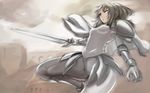  armor bad_id bad_pixiv_id blonde_hair cape claymore claymore_(sword) highres miria_(claymore) ponytail solo sword tea_(nakenashi) wallpaper weapon 