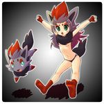  animal_ears claws eyeshadow fingerless_gloves flat_chest gen_5_pokemon gloves green_eyes makeup moemon multicolored_hair panties personification pokemon pokemon_(creature) red_hair silver_hair socks tail tenjou_ryuka topless underwear underwear_only zorua 