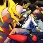  bad_id bad_pixiv_id bangle baseball_cap bracelet gen_4_pokemon giratina green_eyes green_hair hat jewelry kabocha_torute male_focus n_(pokemon) pendant pokemon pokemon_(creature) pokemon_(game) pokemon_bw pokemon_dppt 