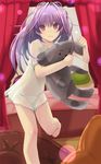  bad_id bad_pixiv_id barefoot curtains cushion groin hands highres leg_up legs long_hair navel nightgown nimirom original panties pink_eyes purple_hair see-through smile solo stuffed_animal stuffed_toy underwear 