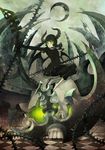  black_hair black_rock_shooter checkered checkered_floor crescent_moon dead_master glowing glowing_eyes green_eyes highres horns moon scythe sitting skull solo spikes wings 