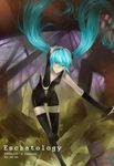  alternate_costume aqua_eyes aqua_hair artist_name bangs black_legwear breasts bridal_gauntlets cameltoe center_opening cleavage copyright_name floating_hair full_body hair_between_eyes hairband hand_on_own_head hand_up hatsune_miku leaning_forward long_hair medium_breasts navel oe-eo outstretched_arm parted_lips skinny solo tears thighhighs twintails unitard very_long_hair vocaloid zettai_ryouiki 