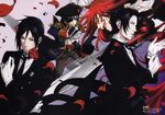  absurdres black_hair blue_eyes ciel_phantomhive claude_faustus eyepatch flower glasses gloves green_eyes grell_sutcliff hat highres kuroshitsuji long_hair multiple_boys necktie official_art petals red_eyes red_flower red_hair red_rose rose rose_petals scan sebastian_michaelis yellow_eyes 