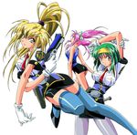  90s artist_request blue_legwear bow burn-up burn-up_w gloves green_hair gun hair_bow hairband handgun jinguu_maya kawazaki_maki kinezono_rio lilica_evett long_hair miniskirt multiple_girls official_art pantyhose pencil_skirt pink_hair pistol police police_uniform ponytail short_hair simple_background skirt thighhighs twintails uniform weapon white_background 