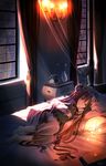  bad_id bad_pixiv_id barefoot bed book bow corded_phone crescent curtains drawer feet flower hair_bow hat highres hosimo indoors lamp long_hair lying on_side patchouli_knowledge phone purple_eyes purple_hair rotary_phone smile solo touhou very_long_hair wings 