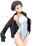  bare_shoulders black_eyes brown_hair collarbone competition_swimsuit jacket one-piece_swimsuit original ryouzou short_hair signature simple_background solo swimsuit 