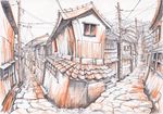  bad_pixiv_id colored_pencil_(medium) fumiko_no_kokuhaku graphite_(medium) house ishida_hiroyasu no_humans perspective power_lines production_art scenery traditional_media urban 