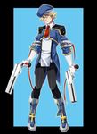  beret blazblue blonde_hair blue_footwear bolverk boots dual_wielding genderswap genderswap_(ftm) gloves green_eyes gun handgun hat holding kaneaki_mukku male_focus necktie noel_vermillion solo uniform weapon 