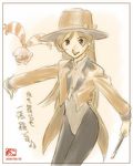  akosan blush chingling earrings formal gen_4_pokemon hat jacket jewelry lipstick long_hair lowres magician makeup pantyhose pokemon pokemon_(anime) pokemon_(creature) shizue_(pokemon) suit top_hat traditional_media 