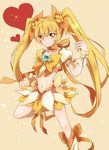  asprach blonde_hair boots bow choker cure_sunshine hair_ribbon heart heartcatch_precure! knee_boots long_hair magical_girl midriff myoudouin_itsuki navel orange_bow orange_choker orange_skirt precure ribbon skirt solo twintails wrist_cuffs yellow yellow_background yellow_bow yellow_eyes 