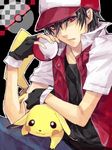  bad_id bad_pixiv_id baseball_cap black_hair duplicate fingerless_gloves gen_1_pokemon gloves hat ichi_kawa_ichi jacket pikachu poke_ball pokemon pokemon_(creature) red_(pokemon) red_eyes 