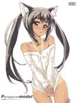  :o animal_ears bare_shoulders black_hair blush bottomless brown_eyes cat_ears collarbone covering head_tilt henreki_san k-on! long_hair long_sleeves looking_at_viewer nakano_azusa one-piece_tan shirt_tug simple_background solo sweatdrop tan tanline twintails v_arms white_background 