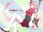  bad_id bad_pixiv_id bass_guitar blue_eyes boots bow crossed_legs hair_bow instrument long_hair megurine_luka pink_hair rioko sitting solo thigh_boots thighhighs very_long_hair vocaloid 