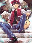  bad_id bad_pixiv_id baseball_cap black_hair duplicate fingerless_gloves gen_1_pokemon gloves hat ichi_kawa_ichi jacket pikachu pokemon pokemon_(creature) red_(pokemon) red_eyes sitting snow stairs 