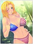  america american_flag_bikini bikini blonde_hair blue_eyes blush breasts cleavage clenched_teeth dead_or_alive flag_print hand_on_hip large_breasts one_eye_closed solo swimsuit teeth tina_armstrong yoko_juusuke 