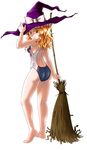  armpits ass back barefoot blonde_hair broom competition_swimsuit from_behind hand_on_headwear hat hat_ribbon holding kirisame_marisa kirisame_marisa_(pc-98) legs looking_back one-piece_swimsuit ribbon solo strahl swimsuit touhou touhou_(pc-98) witch_hat yellow_eyes 