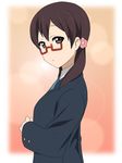  bespectacled black_eyes brown_hair extra face glasses ikari_manatsu k-on! kimura_fumie long_hair nodoka_glasses red-framed_eyewear school_uniform semi-rimless_eyewear solo under-rim_eyewear 