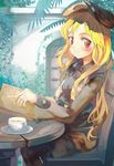  blonde_hair book cup face ginka highres jacket red_eyes sekaiju_no_meikyuu sekaiju_no_meikyuu_3 sitting solo tea zodiac_(sekaiju) 