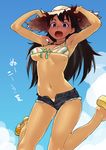  :o armpits arms_up bikini_tan bikini_top black_hair breasts cutoffs denim denim_shorts fang front-tie_top ganaha_hibiki hat idolmaster idolmaster_(classic) jewelry jumping legs long_hair medium_breasts navel necklace oohara_kyuutarou open_fly open_mouth sandals short_shorts shorts solo straw_hat tan tanline unbuttoned underboob unzipped 