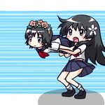  black_eyes black_hair blush_stickers flower hair_flower hair_ornament head_wreath long_hair moja_(gibson) multiple_girls pleated_skirt sakugawa_school_uniform saten_ruiko school_uniform serafuku short_hair skirt to_aru_kagaku_no_railgun to_aru_majutsu_no_index uiharu_kazari unconventional_gun 