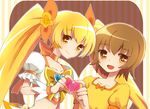  bad_id bad_pixiv_id blonde_hair bow brown_background brown_eyes brown_hair choker cure_sunshine dual_persona hair_ribbon heart heart_hands heart_hands_duo heartcatch_precure! kodamari long_hair magical_girl multiple_girls myoudouin_itsuki orange_bow orange_choker precure ribbon short_hair twintails wrist_cuffs yellow_bow yellow_eyes 