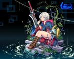  blue_eyes cross devil_bringer devil_may_cry devil_may_cry_4 genderswap genderswap_(mtf) nero_(devil_may_cry) short_hair silver_hair sitting solo sword tidsean water weapon 