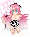  ahoge animal_costume animal_ears animal_print arms_behind_back blue_eyes blush bottle breasts cleavage cow_costume cow_ears cow_girl cow_horns cow_print cow_tail fishnet_legwear fishnets horns ism_(inc) large_breasts long_hair milk original pink_hair ripples smile solo tail thighhighs very_long_hair wading 