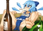  1girl adapted_costume barefoot blue_eyes blue_hair bow cameltoe character_name cirno eyebrows feet food foreshortening fruit hair_bow jon_henry_nam mundane_utility name_tag one-piece_swimsuit popsicle school_swimsuit short_hair solo swimsuit thick_eyebrows toes touhou watermelon wings 