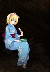  alice_margatroid animal_ears blonde_hair blue_eyes blush cat_ears dango fake_animal_ears floral_print food hairband japanese_clothes kemonomimi_mode kimono sandals short_hair sitting smile solo tabi touhou tsukimiya_kamiko wagashi 