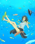  black_hair fish hat kannari legs legs_up navel necktie sandals shirt short_hair slippers smile solo touhou underwater usami_renko white_shirt 