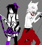  animal_ears band bass_guitar black_hair checkered checkered_skirt electric_guitar eyepatch fingerless_gloves gloves guitar hat hata-tan himekaidou_hatate instrument inubashiri_momiji microphone multiple_girls necktie purple_eyes red_eyes rui_(hershe) skirt thighhighs touhou twintails white_hair wolf_ears 