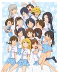  6+girls :3 akizuki_ritsuko akizuki_ryou amami_haruka barefoot blush closed_eyes drill everyone futami_ami futami_mami ganaha_hibiki hagiwara_yukiho hardhat helmet hidaka_ai highres hoshii_miki idolmaster idolmaster_(classic) idolmaster_dearly_stars interlocked_fingers kikuchi_makoto kisaragi_chihaya kiss minase_iori miura_azusa mizutani_eri multiple_girls one_eye_closed open_mouth puton rough_time_school school_uniform shijou_takane smile takatsuki_yayoi tears 