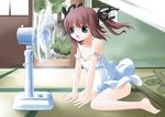  arm_support barefoot blue_eyes brown_hair calendar_(object) dress electric_fan fan_speaking fanning_face hair_ribbon leaning_forward noto_(soranoto) original ribbon sitting solo strap_slip sundress tatami twintails wariza 