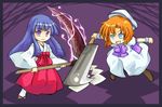  blue_eyes furude_rika hat hatchet higurashi_no_naku_koro_ni multiple_girls nose_hatchet orange_hair pote_(ptkan) purple_eyes purple_hair ryuuguu_rena scythe short_hair 