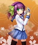  angel_beats! green_eyes gun hairband highres purple_hair school_uniform serafuku shakuya short_hair solo thighhighs weapon yuri_(angel_beats!) 