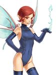  artist_request bare_shoulders blue_leotard blue_wings elbow_gloves gloves hand_on_hip highleg highleg_leotard leotard lowres megami_tensei navel pixie_(megami_tensei) pointy_ears red_eyes red_hair shin_megami_tensei shin_megami_tensei:_strange_journey shin_megami_tensei_iii:_nocturne short_hair solo thighhighs wings 