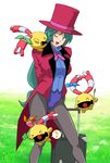  bag blue_eyes blush chingling earrings formal gen_4_pokemon green_hair hat jacket jewelry leotard long_hair magician nebachuu pantyhose pokemon pokemon_(anime) pokemon_(creature) shizue_(pokemon) suit top_hat 