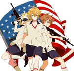  american_flag blonde_hair brown_hair dual_wielding dylan_keith gun handgun highres holding ichinose_kazuya inazuma_eleven inazuma_eleven_(series) lastgray mark_kruger multiple_boys soccer_uniform sportswear weapon 