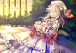  alternate_costume arm_ribbon bare_shoulders bat_wings bow dress flower hat long_hair lying on_back remilia_scarlet ribbon ringpearl sleeping solo touhou wings wrist_cuffs 