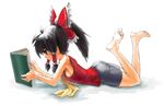  armpits ass barefoot bike_shorts black_hair book bow breasts casual feet hair_bow hakurei_reimu highres lying medium_breasts on_stomach ponytail reading red_eyes sideboob smile solo spider-ma touhou 