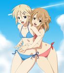  bikini blonde_hair blue_eyes brown_eyes brown_hair fang fukuoka_katsumi hair_ornament hairclip hug long_hair multiple_girls original short_hair side-tie_bikini swimsuit touka_(fukuoka_katsumi) twintails 