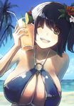  bad_id bad_pixiv_id beach blue_hair breasts cleavage copyright_request day drink flower green_eyes hair_flower hair_ornament hanging_breasts hisagi_hotaru huge_breasts o-ring o-ring_top ocean one_eye_closed palm_tree smile solo swimsuit tree tropical_drink 