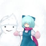  bad_id bad_pixiv_id cirno closed_eyes faux_traditional_media highres letty_whiterock masa_(neku) mittens scarf smile snowman solo touhou 
